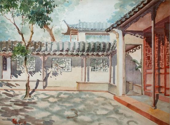 朱保良：苏州明代园林拙政园之海棠春坞（建筑水彩画，280×380mm）1963